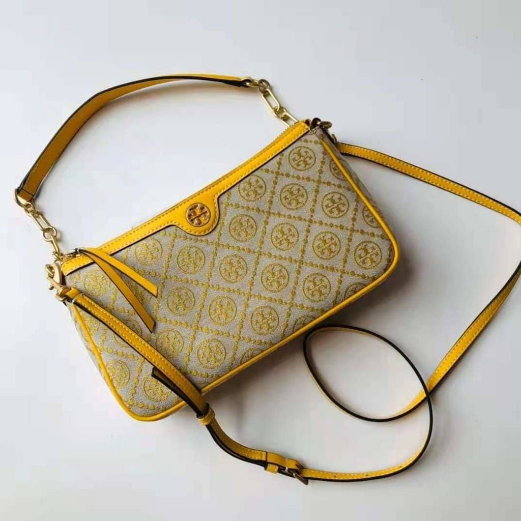 Tory Burch T Monogram Yellow Jacquard Sling Bag (With Box)