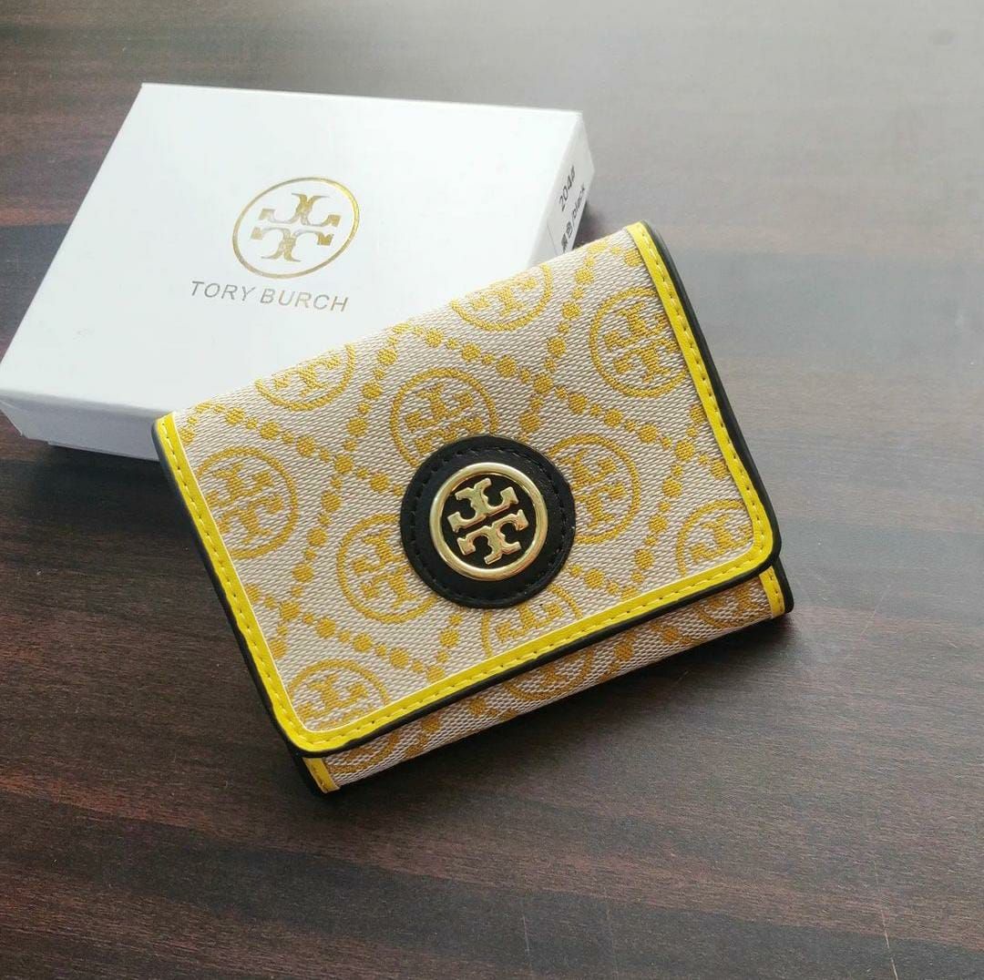 Tory Burch Jacquard Three Fold Yellow Small Wallet