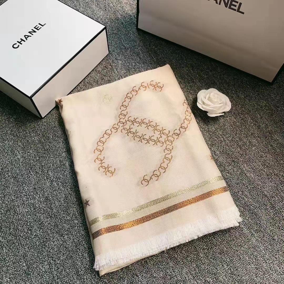 Chanel Off White Georgette Work Semi Woolen Stole