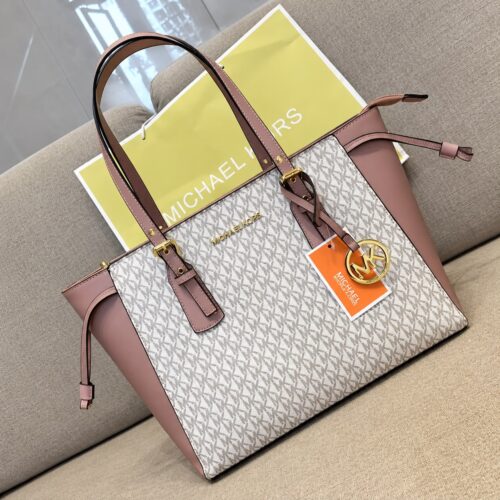 Michael Kors Beige Pink Monogram Voyager Tote Bag