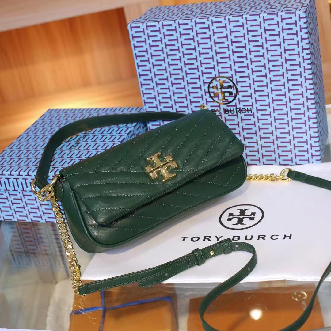 Tory Burch Small Kira Chevron Green Convertible Shoulder And Sling Bag(With Box)