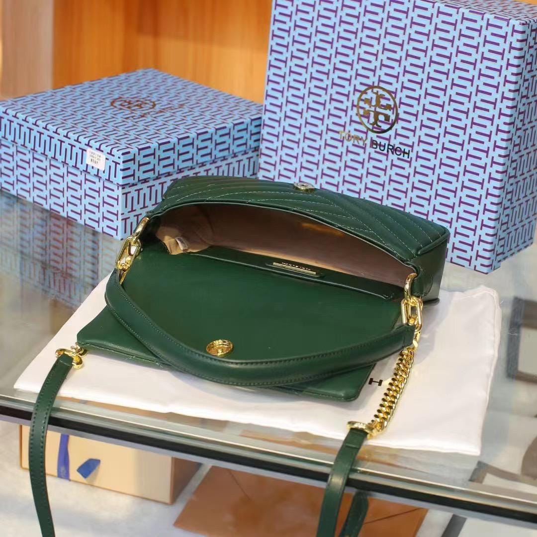 Tory Burch Small Kira Chevron Green Convertible Shoulder And Sling Bag(With Box)