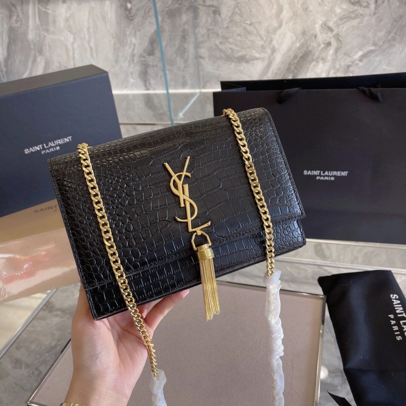 YSL Kate Black Croco Sling Bag (with Box)