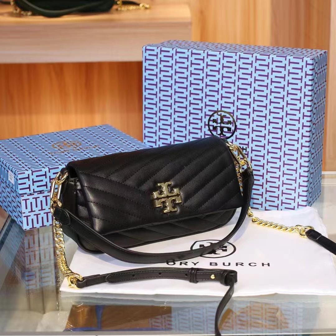 Tory Burch Small Kira Chevron Black Convertible Shoulder And Sling Bag(With Box)