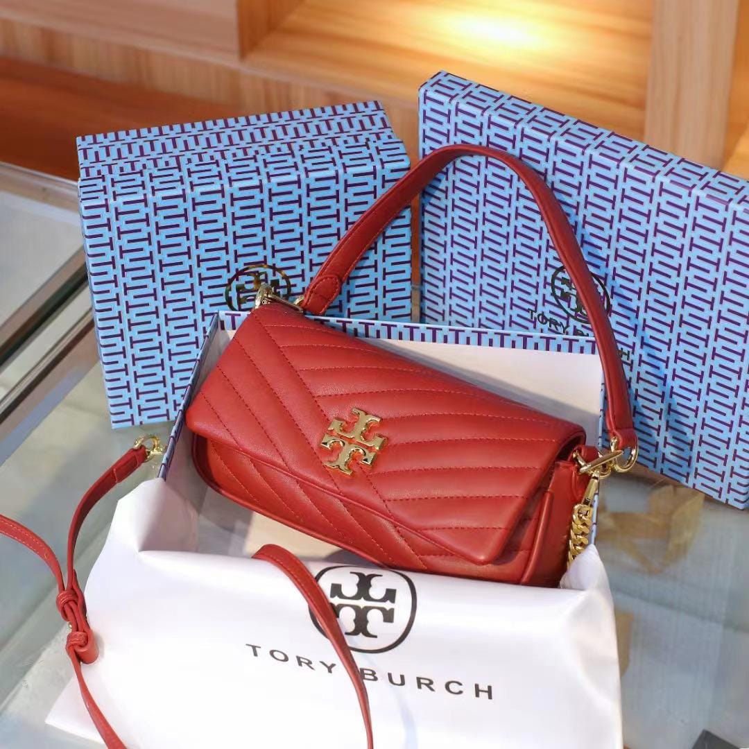 Tory Burch Small Kira Chevron Red Convertible Shoulder And Sling Bag(With Box)