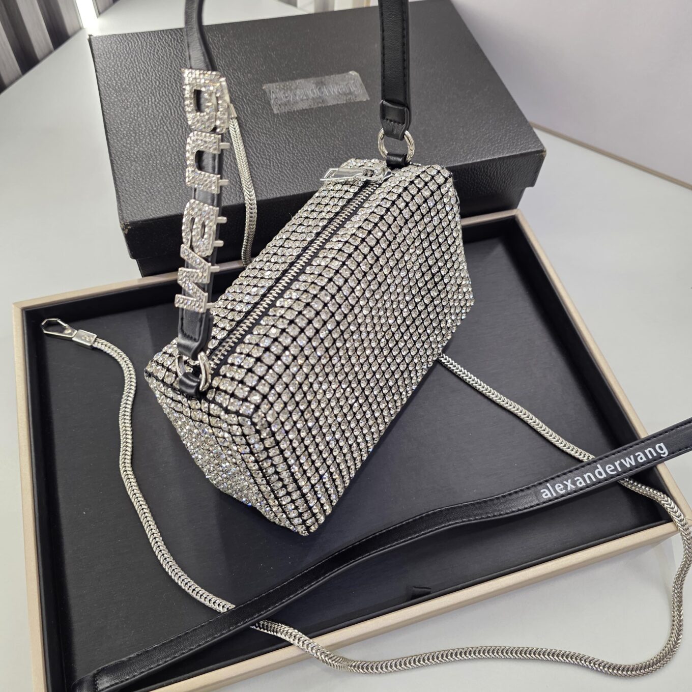 Alexander Wang Iconic Silver Clutch Sling Bag (With Box)