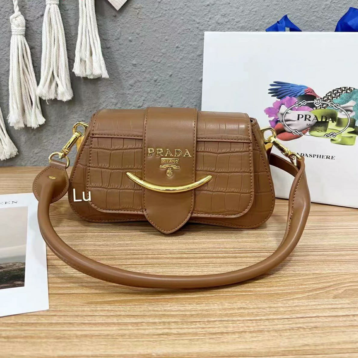 PRADA SIDONIE KHAKI CROCO SHOULDER BAG (WITH BOX)