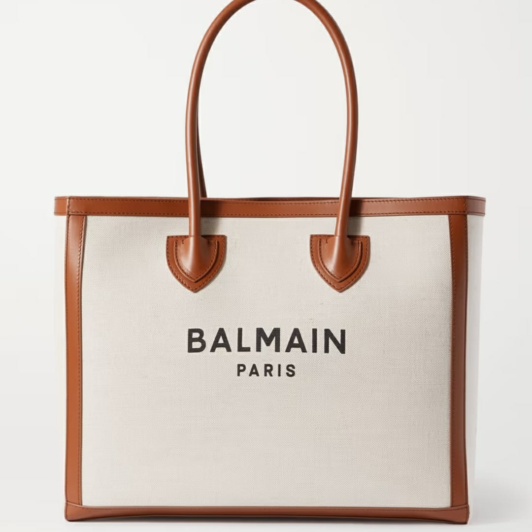 Balmain B Army Leather Trimmmed Beige Brown Canvas Tote - TheLuxuryTag