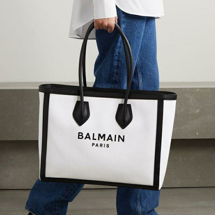 Balmain B Army Leather Trimmmed White Black Canvas Tote - TheLuxuryTag