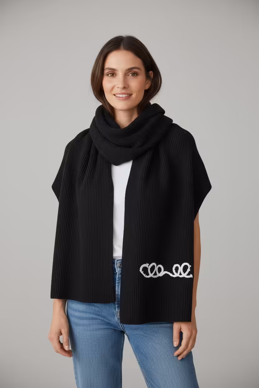 Chanel Pearl Logo Black Woollen Muffler