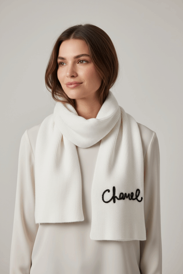 Photoroom_20251126_234019 Chanel Pearl Logo White Woolen Muffler