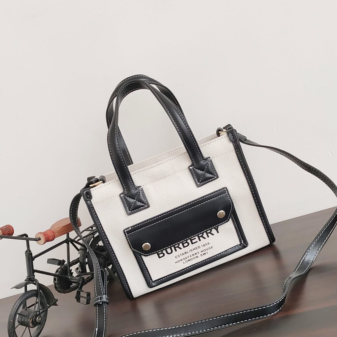 Burberry Mini Freya Beige Black Canvas Tote