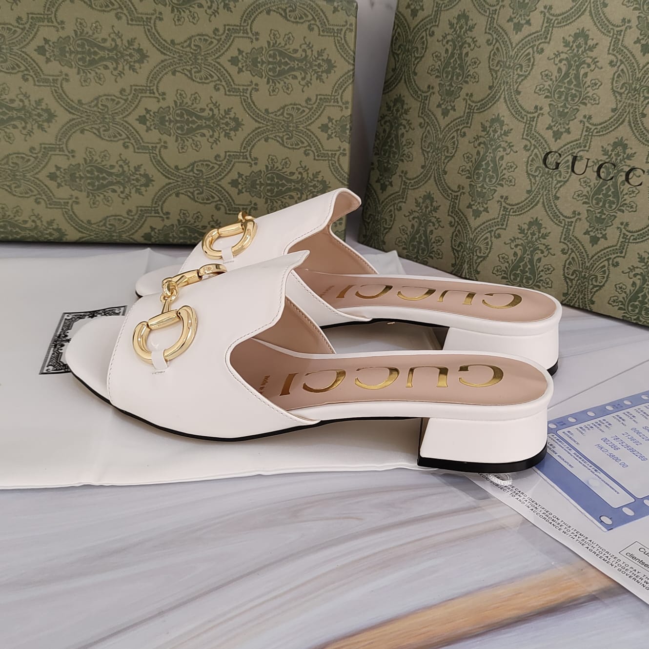 Gucci White Horsebit Slide