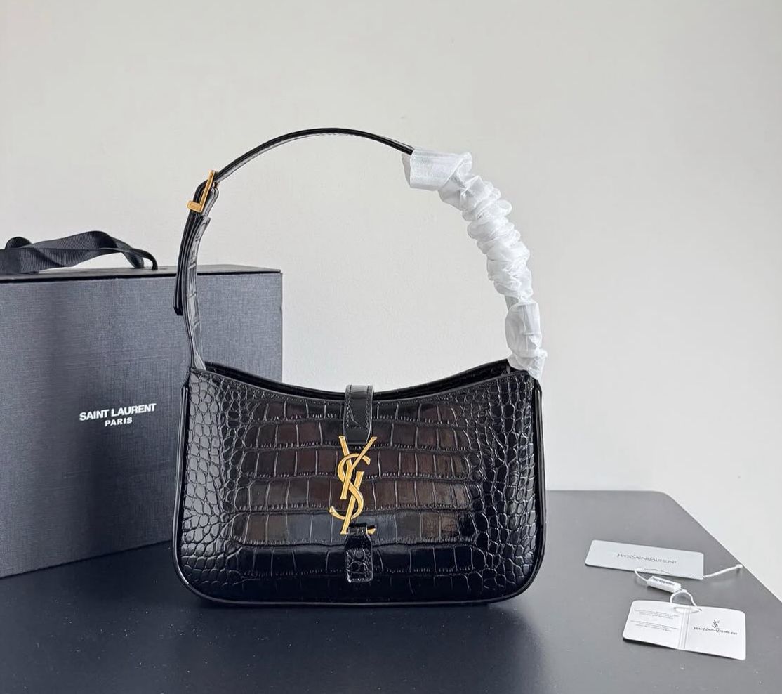 YSL PREMIUM SMALL BLACK CROCO HOBO SHOULDER BAG (WITH BOX)