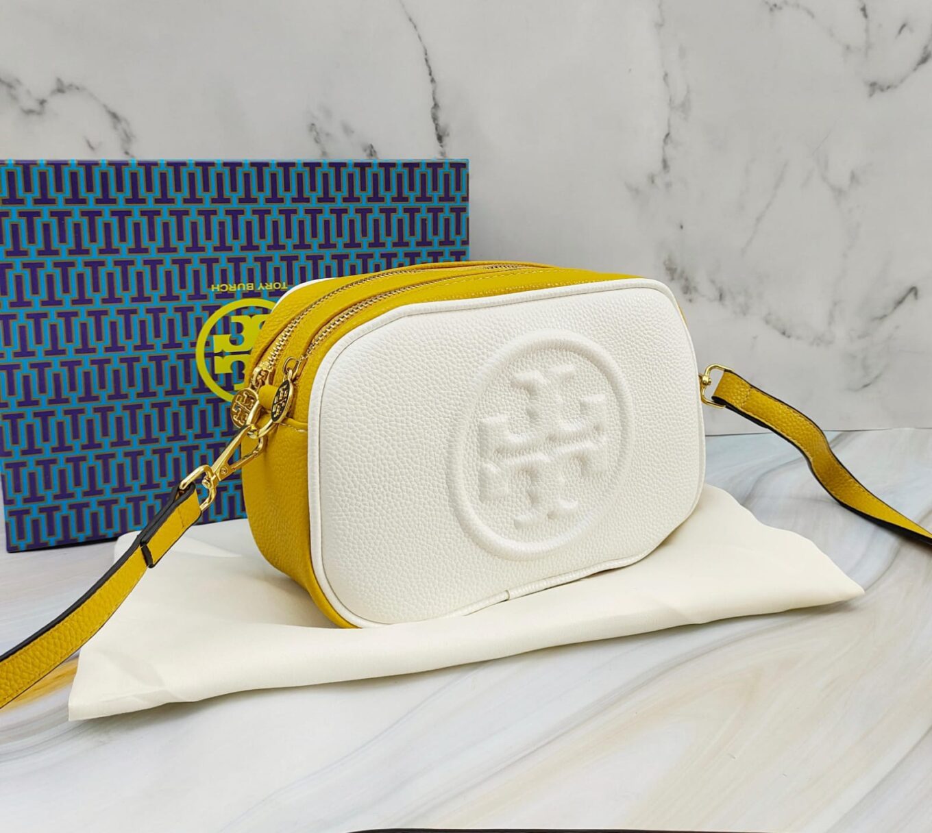 Tory Burch Perry Bombe White yellow Color Camera Bag (With Box)