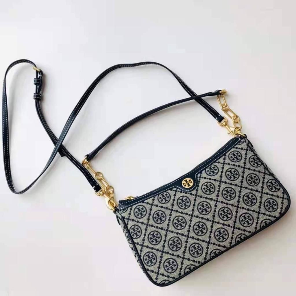 Tory Burch T Monogram Blue Jacquard Sling Bag (With Box)