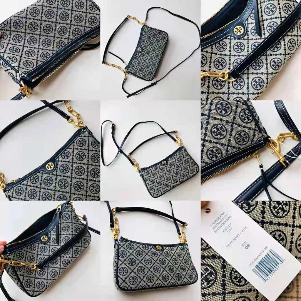 Tory Burch T Monogram Blue Jacquard Sling Bag (With Box)