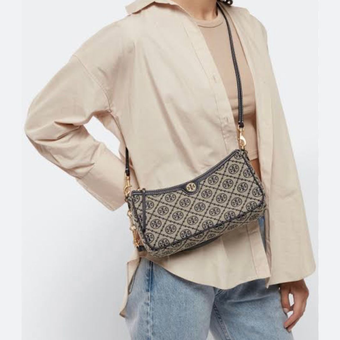 Tory Burch T Monogram Blue Jacquard Sling Bag (With Box)