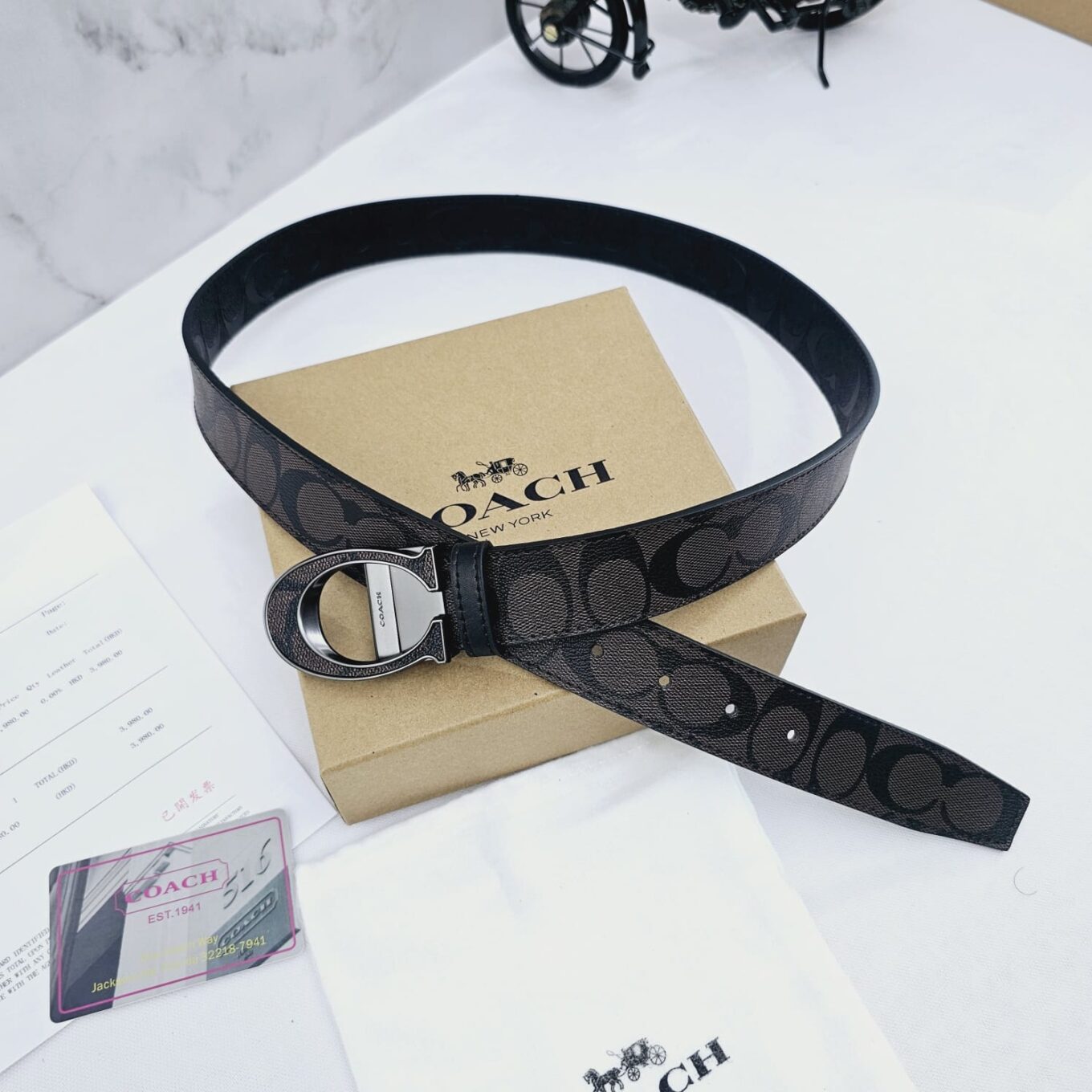 Coach Coffee Black Embossed Reversible Unisex Belt