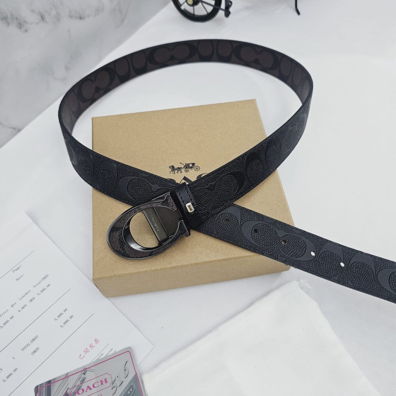 Coach Coffee Black Embossed Reversible Unisex Belt