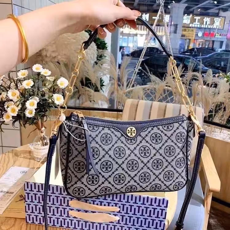 Tory Burch T Monogram Blue Jacquard Sling Bag (With Box)