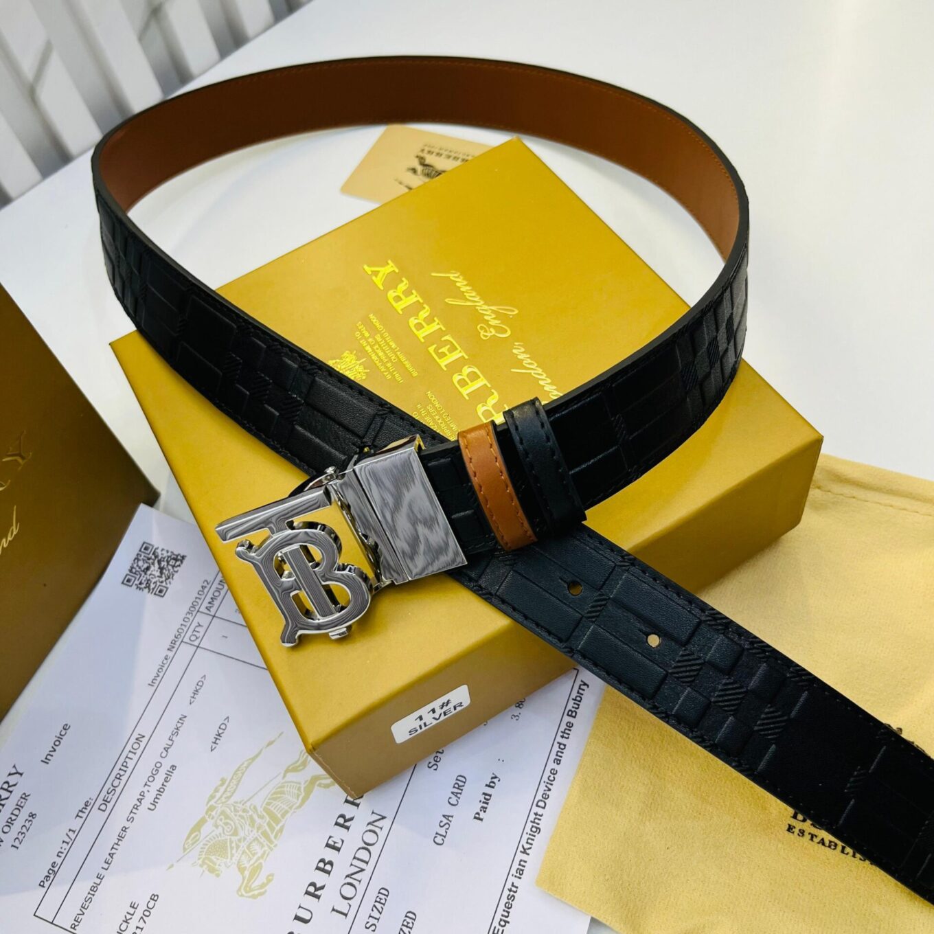 Burberry TB Embossed Grid Silver Reversible Belt for Men