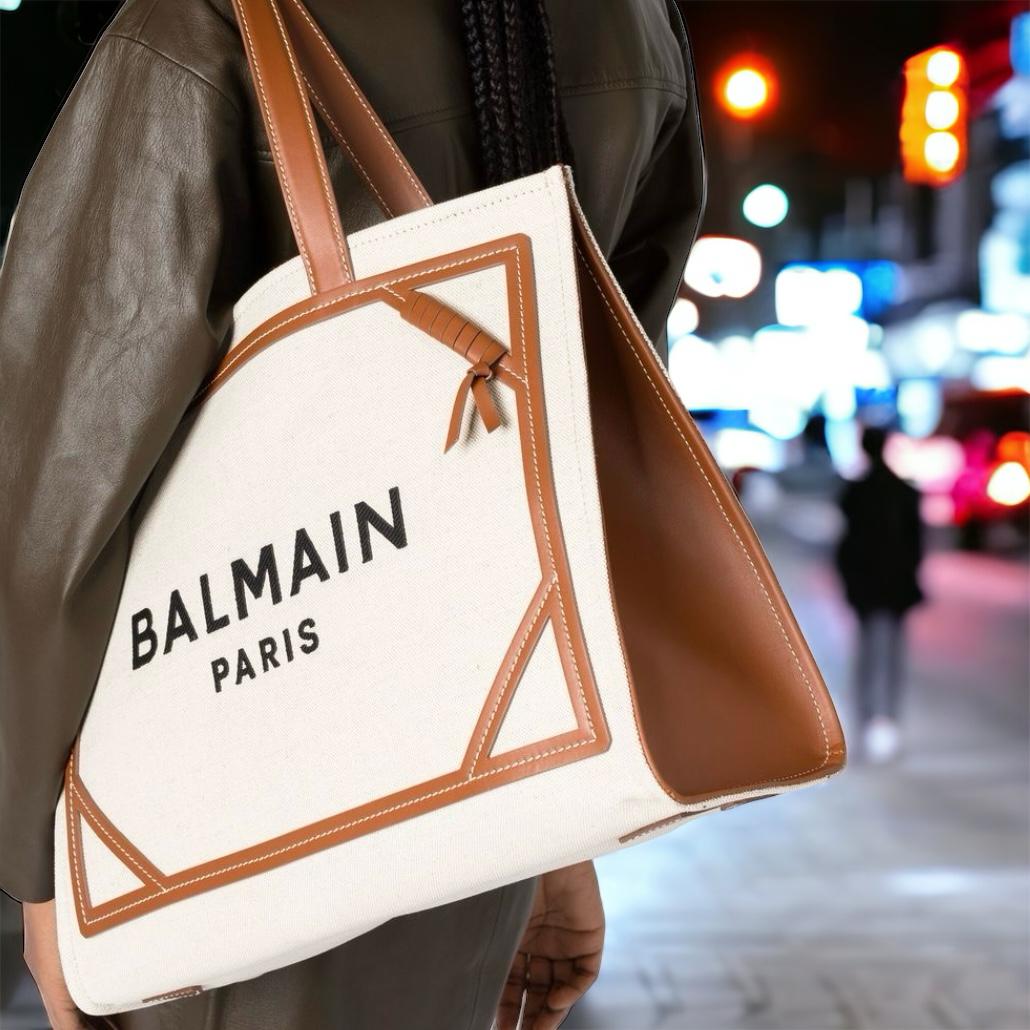 Balmain B-Army Beige Brown Canvas Tote