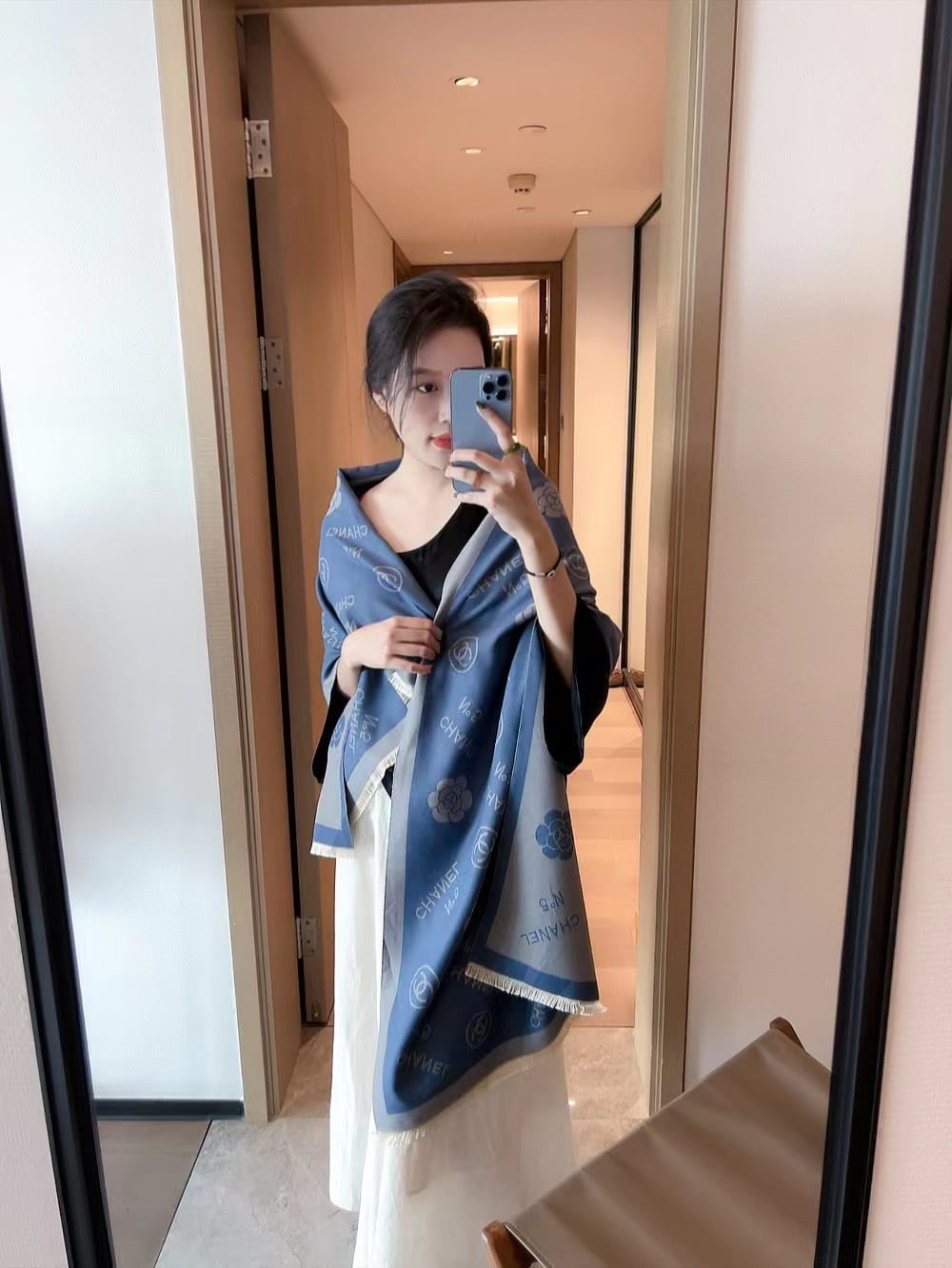 WhatsApp Image 2024-01-04 at 18.53.42_4113c10f Chanel Wollen Blue Colour Stole (With Box)