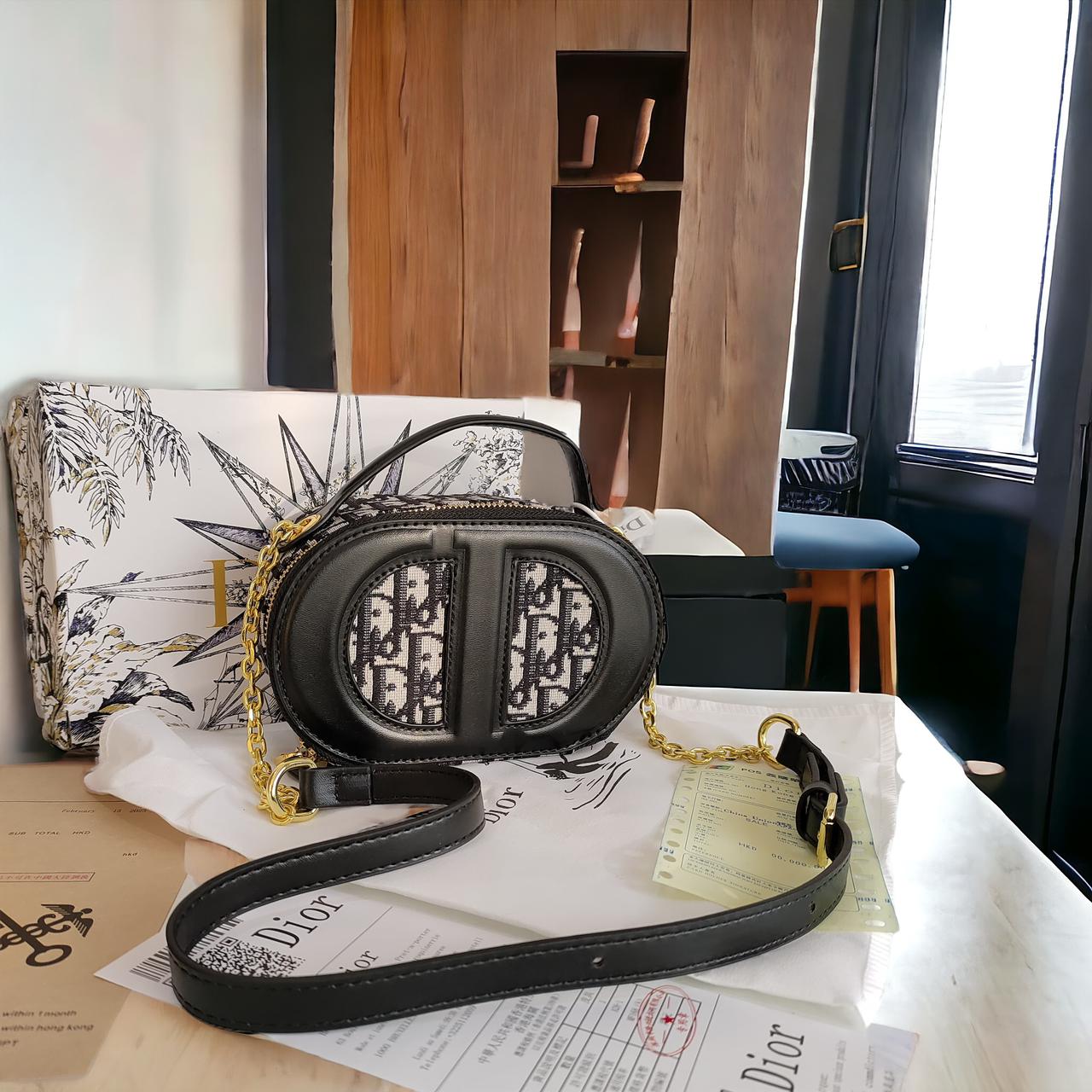 Christian Dior CD Black Signature Oval Camera Bag (With Box)