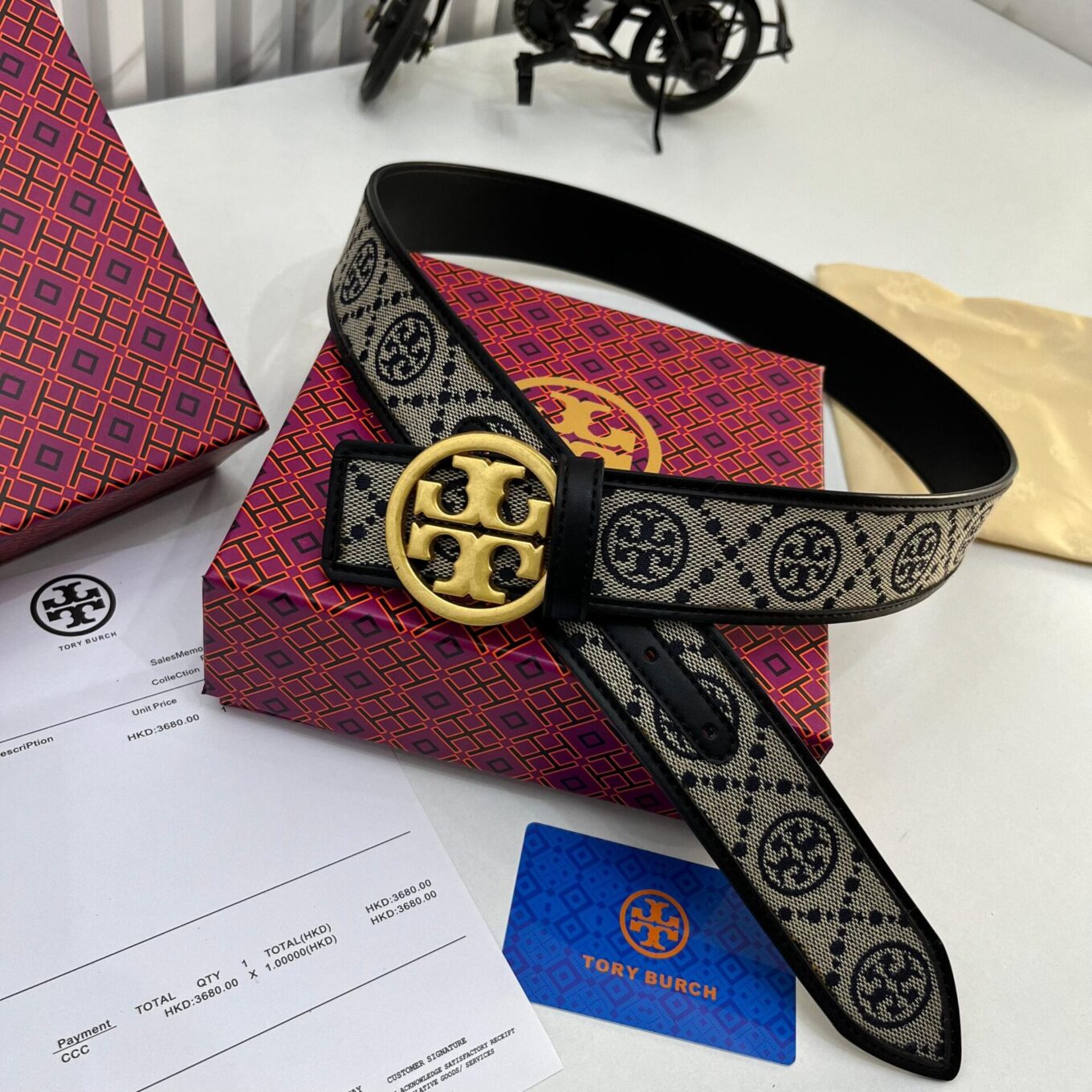 Tory Burch T monogram jacquard Black Belt For Women