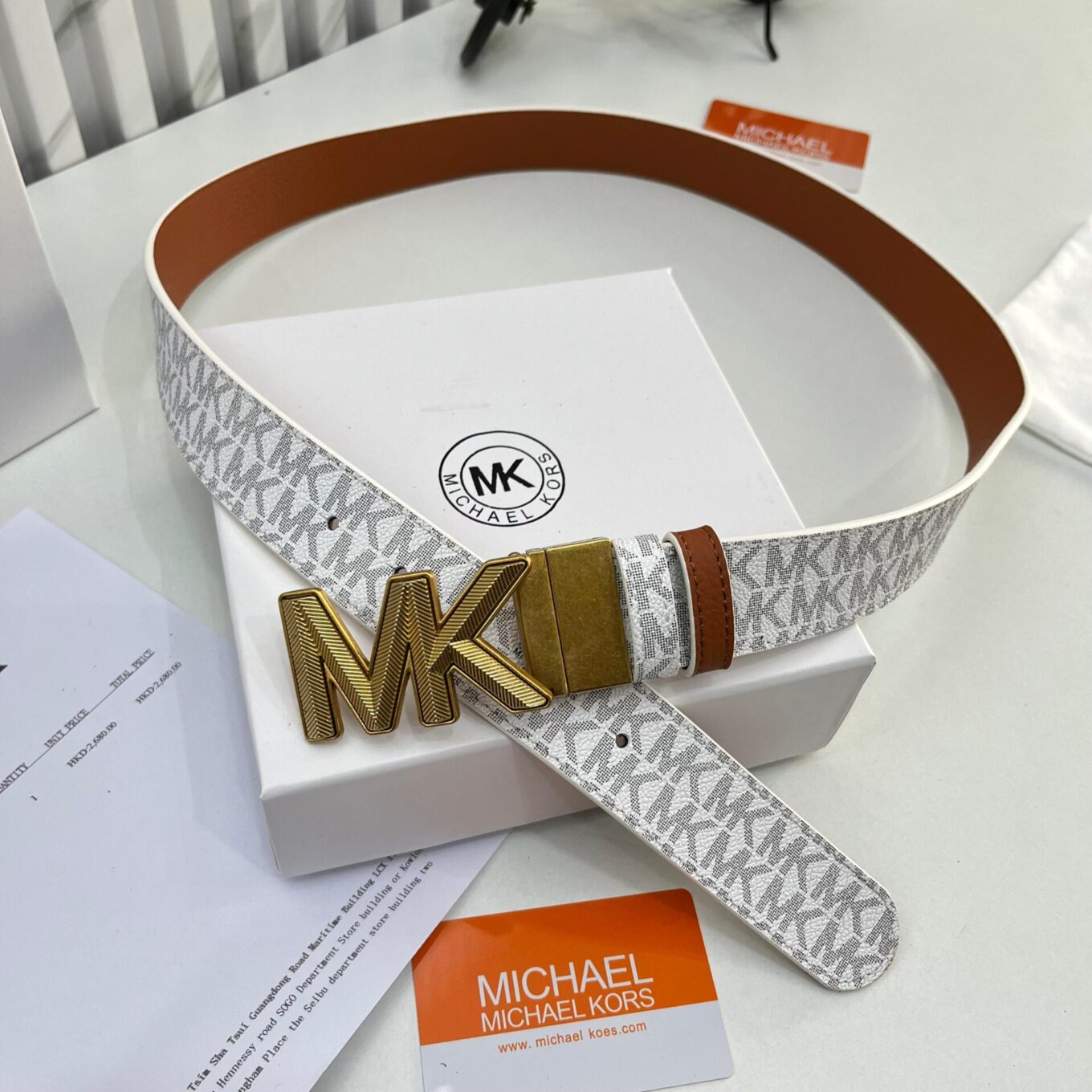 MK Signature Logo White Brown Reversible Unisex Belt
