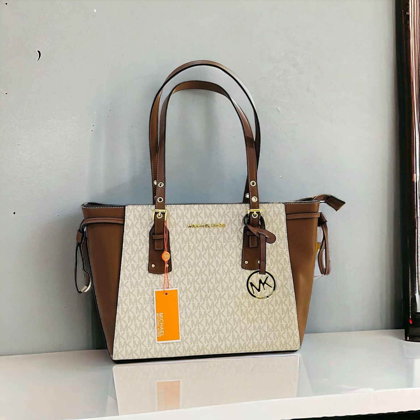 Michael Kors Voyager Beige Coffee Monogram Tote Bag