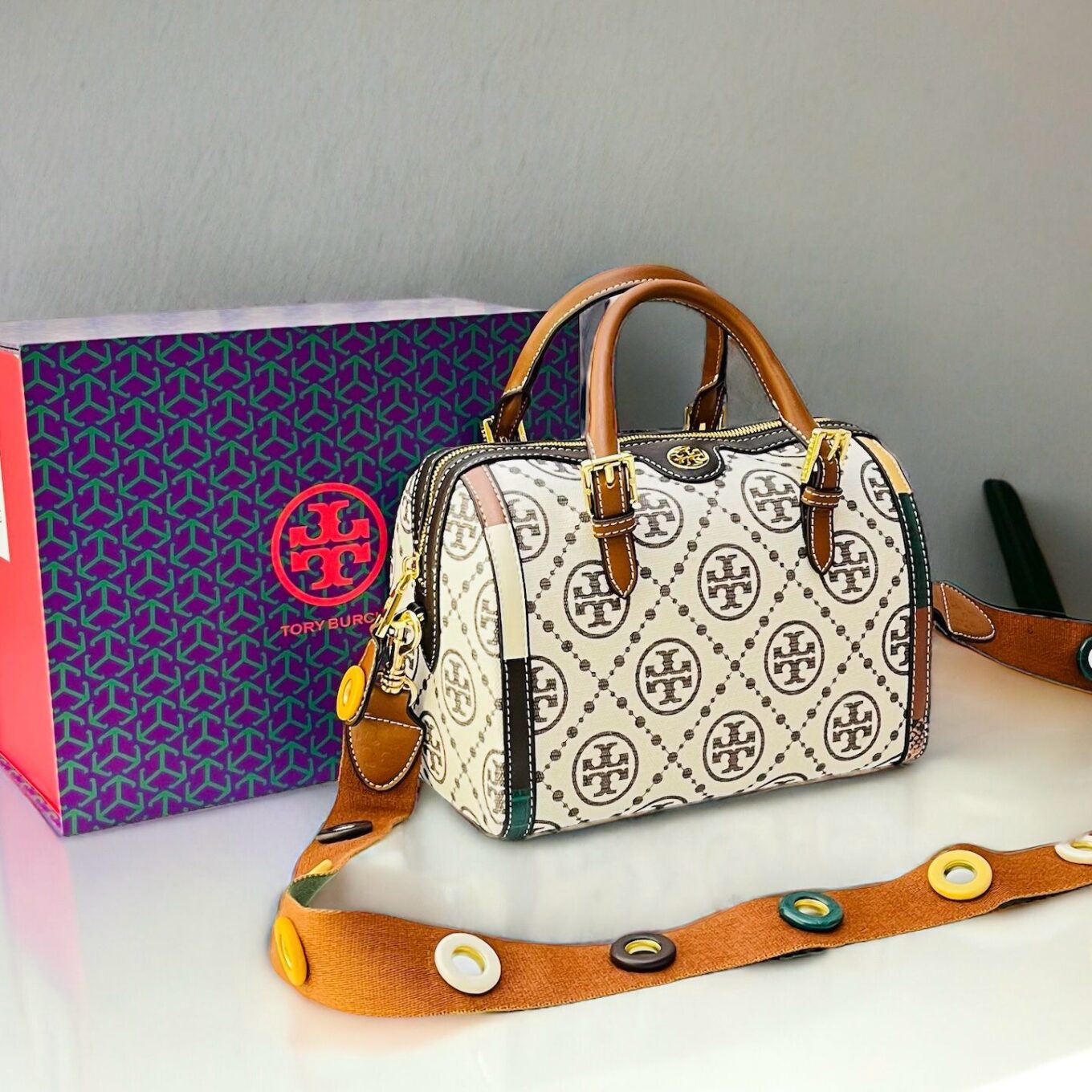 Tory Burch Apricot canvas Boston Bag Premium quality (With Box)