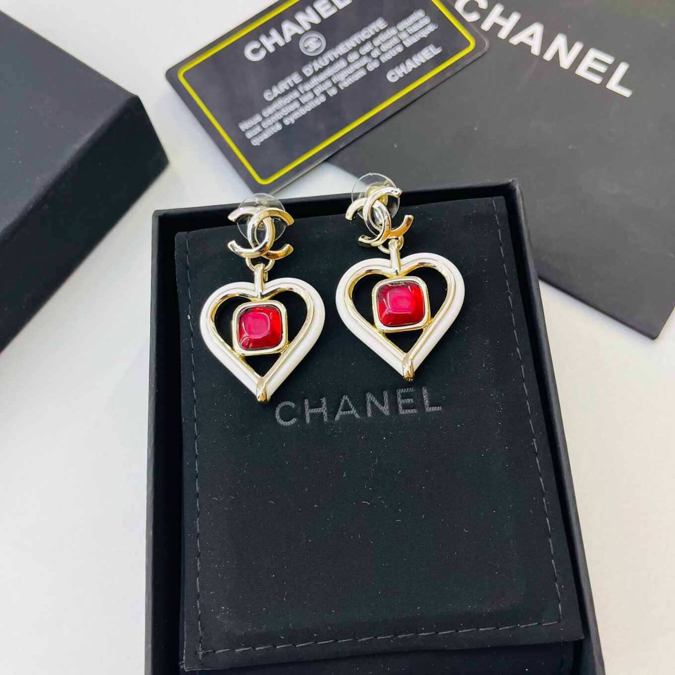 Chanel Spring White Heart Red Stone Earring