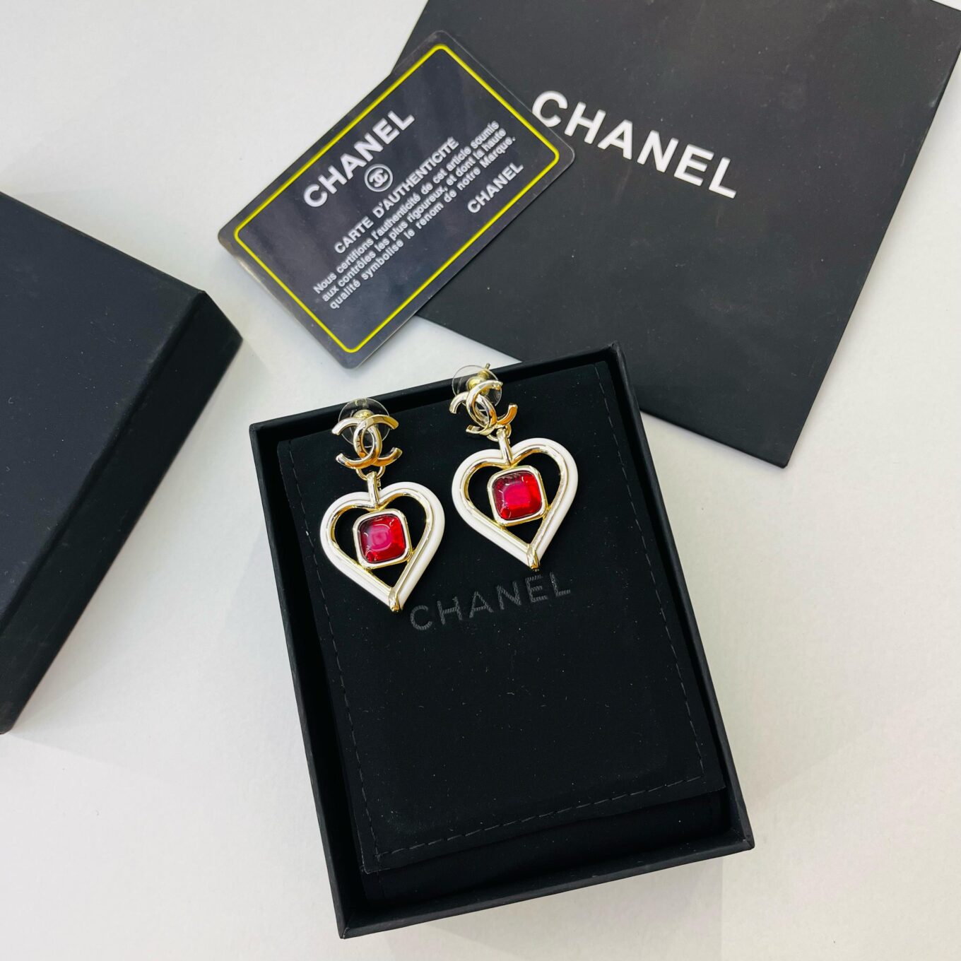 Chanel Spring White Heart Red Stone Earring