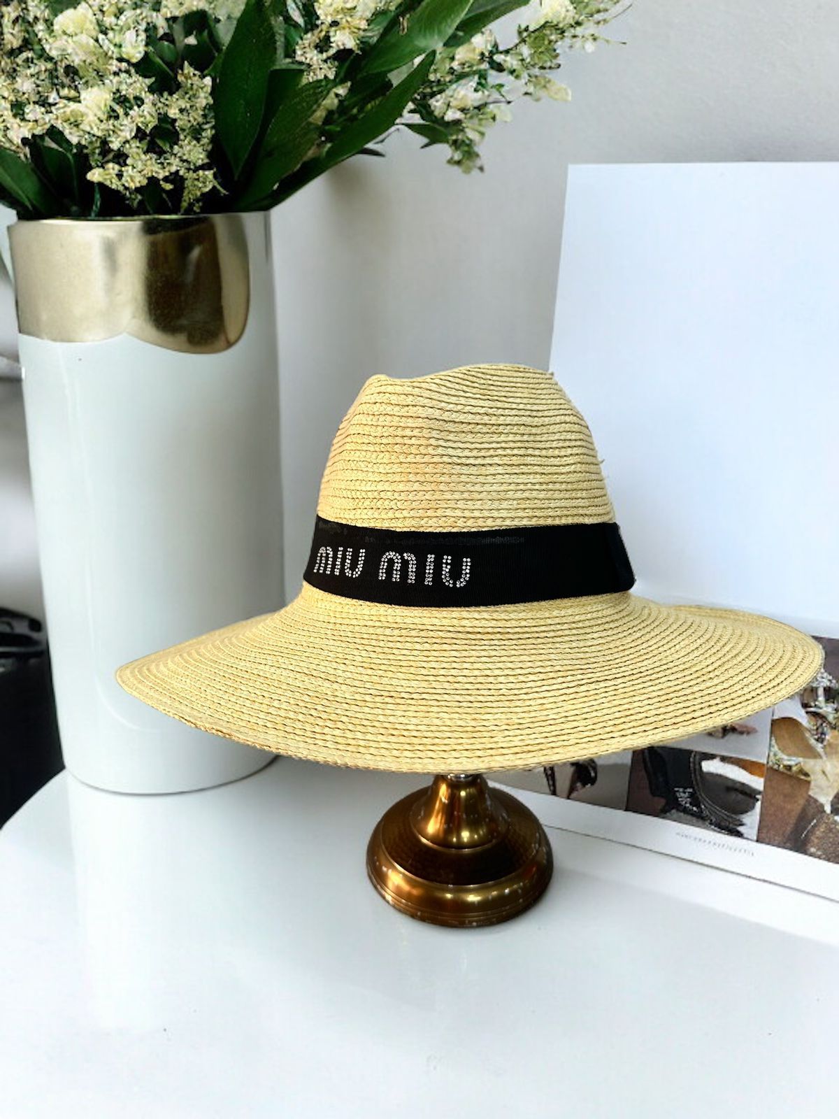 Miu Miu Beige Black Beach Hat