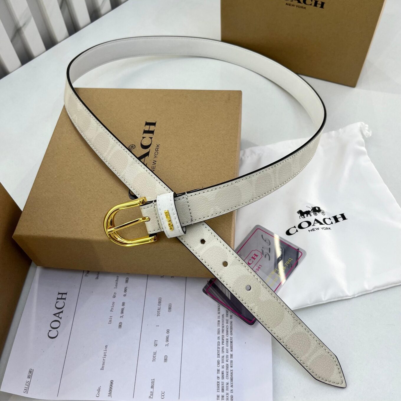 Coach White Signature Pin Buckle Unisex Belt