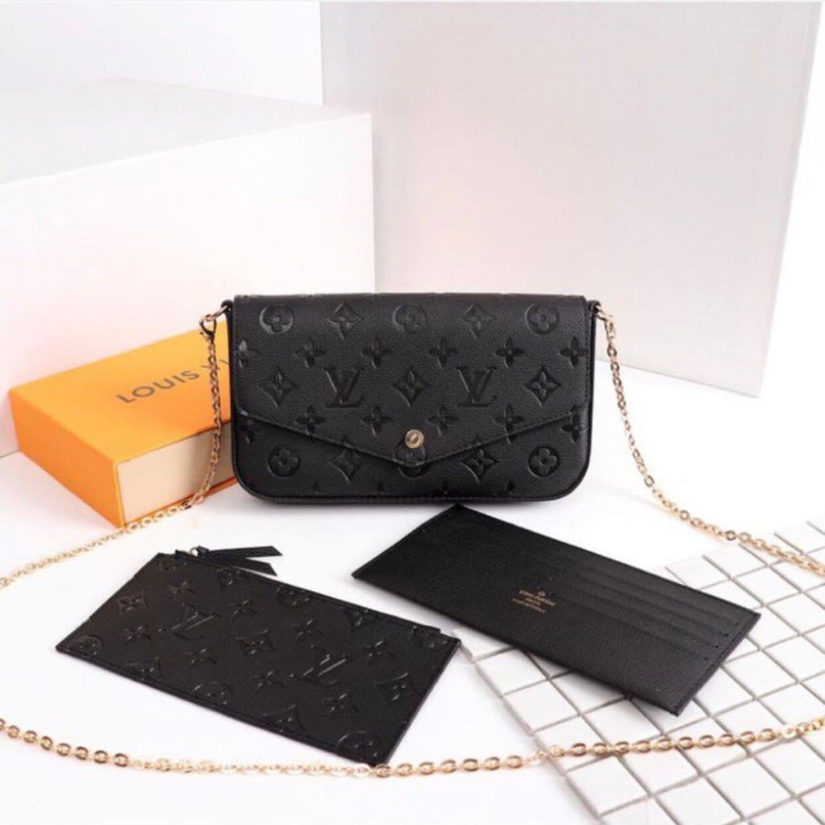 Louis Vuitton Felicie Black Embossed Sling Bag (With Box)