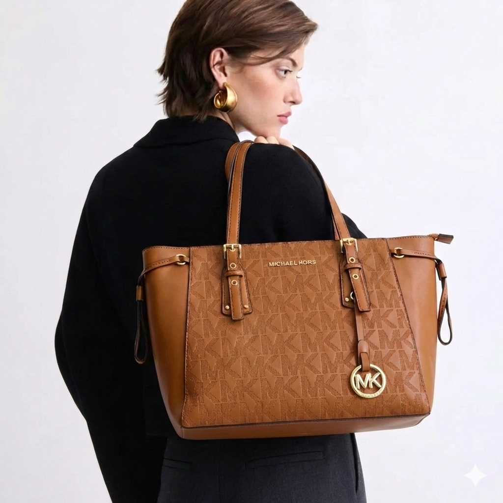 Michael Kors Brown Embossed Monogram Tote Bag