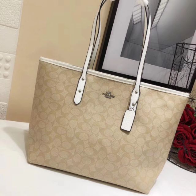 Coach Apricot White City Tote Bag (With Box)