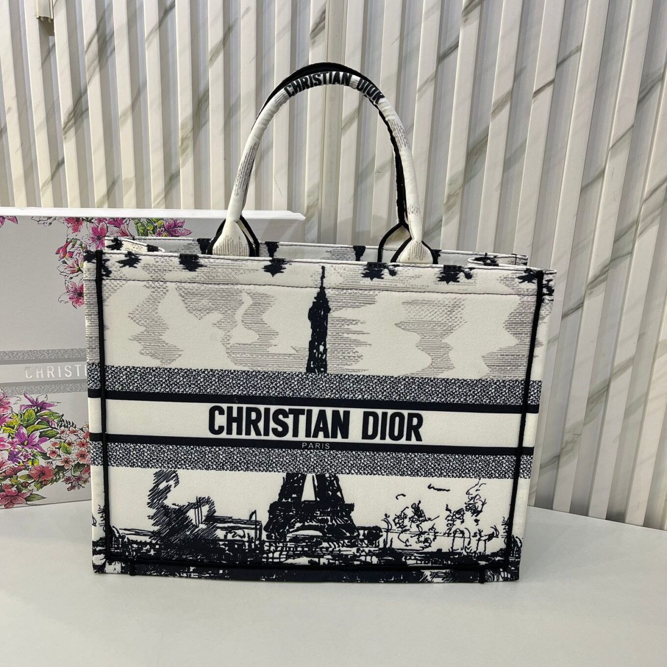 Dior White Eiffel Tower Medium Book Tote (With Box)