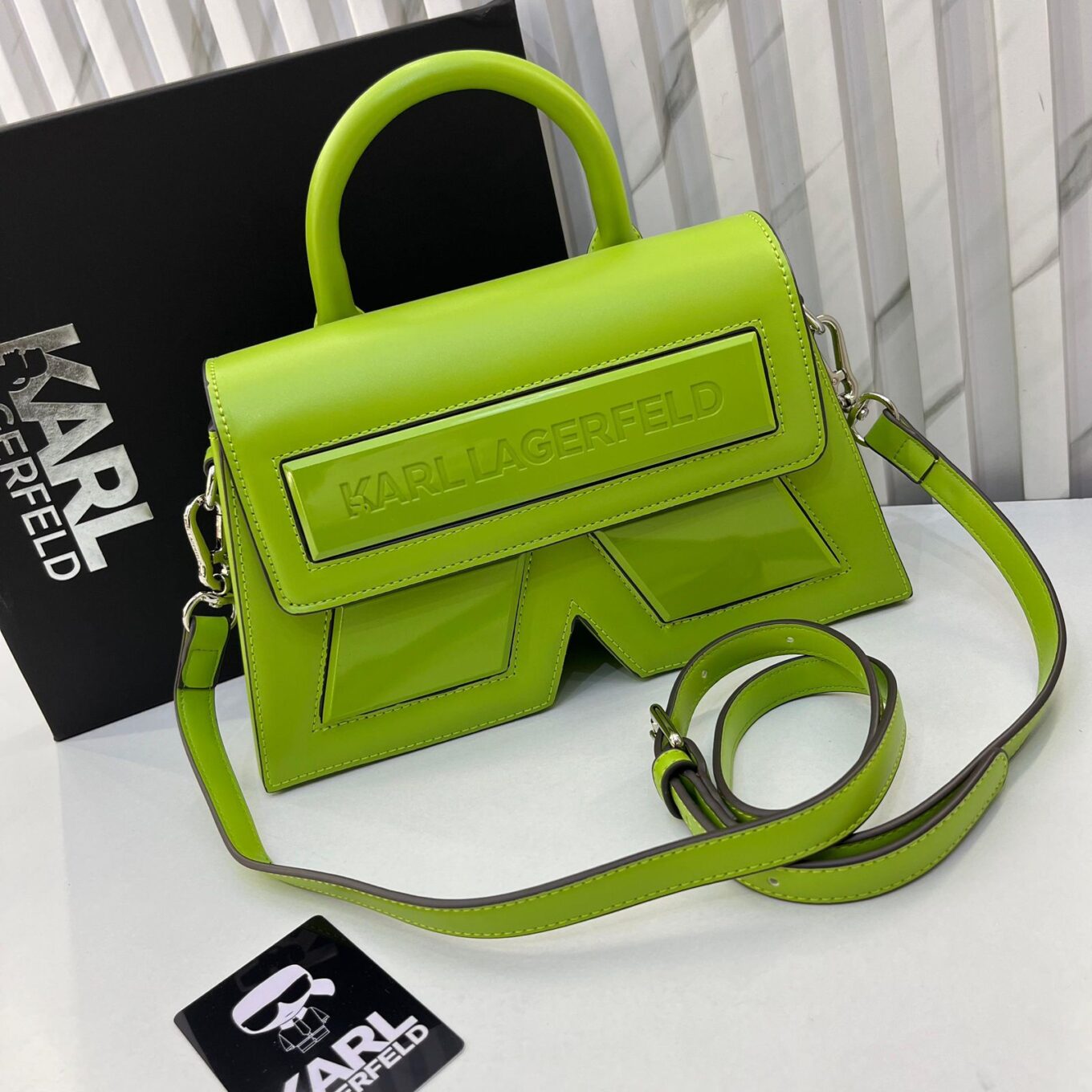 Karl Lagerfeld Typography Green Handbag (With Box)