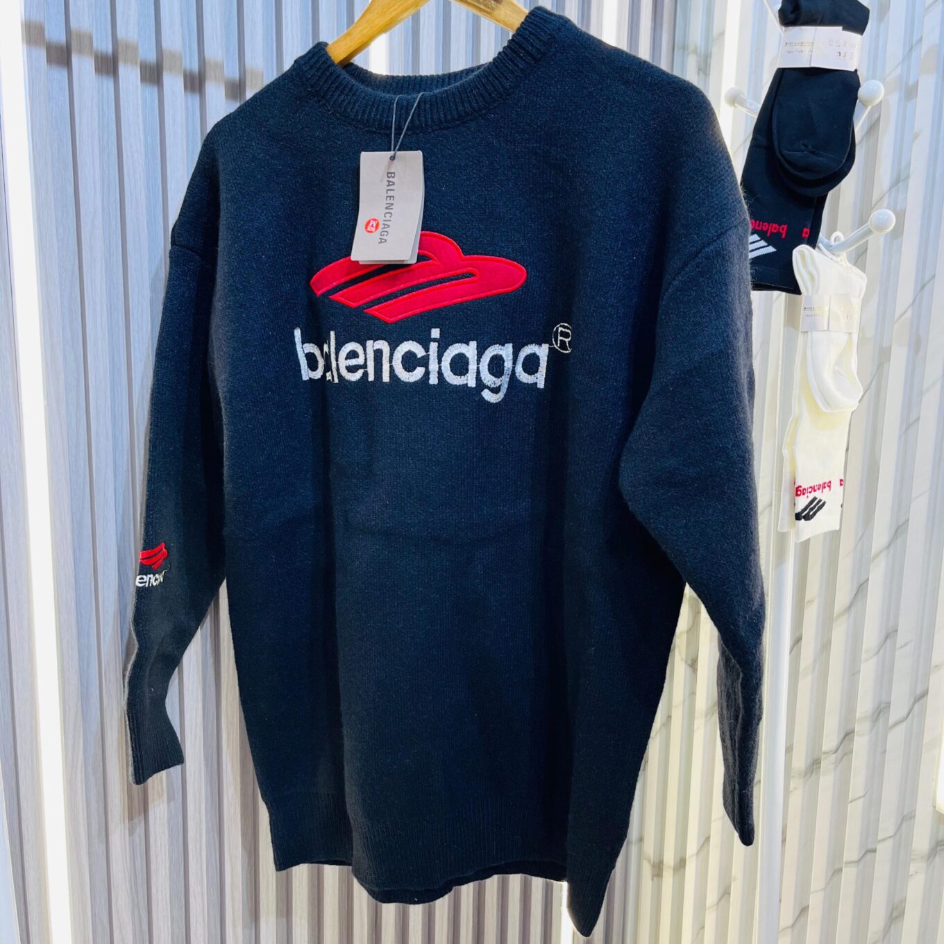 Balenciaga Round Neck Black Long Sweater With Matching Long Socks
