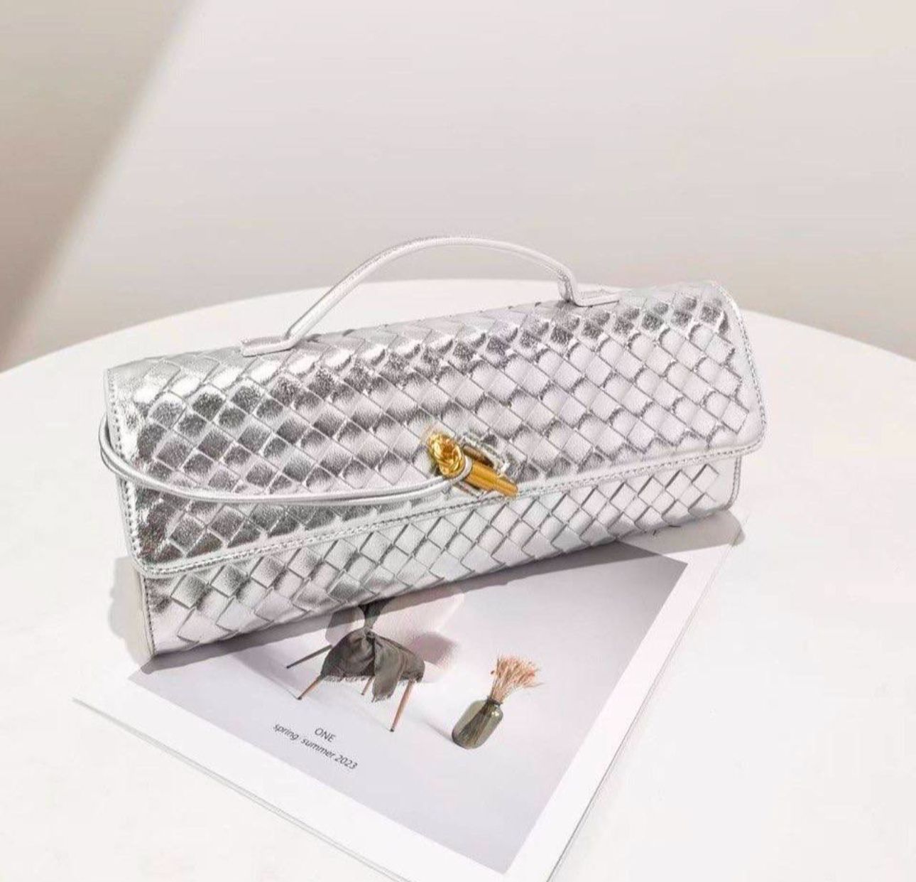 Bottega Veneta Silver Long Andiamo Clutch Bag (With Box)