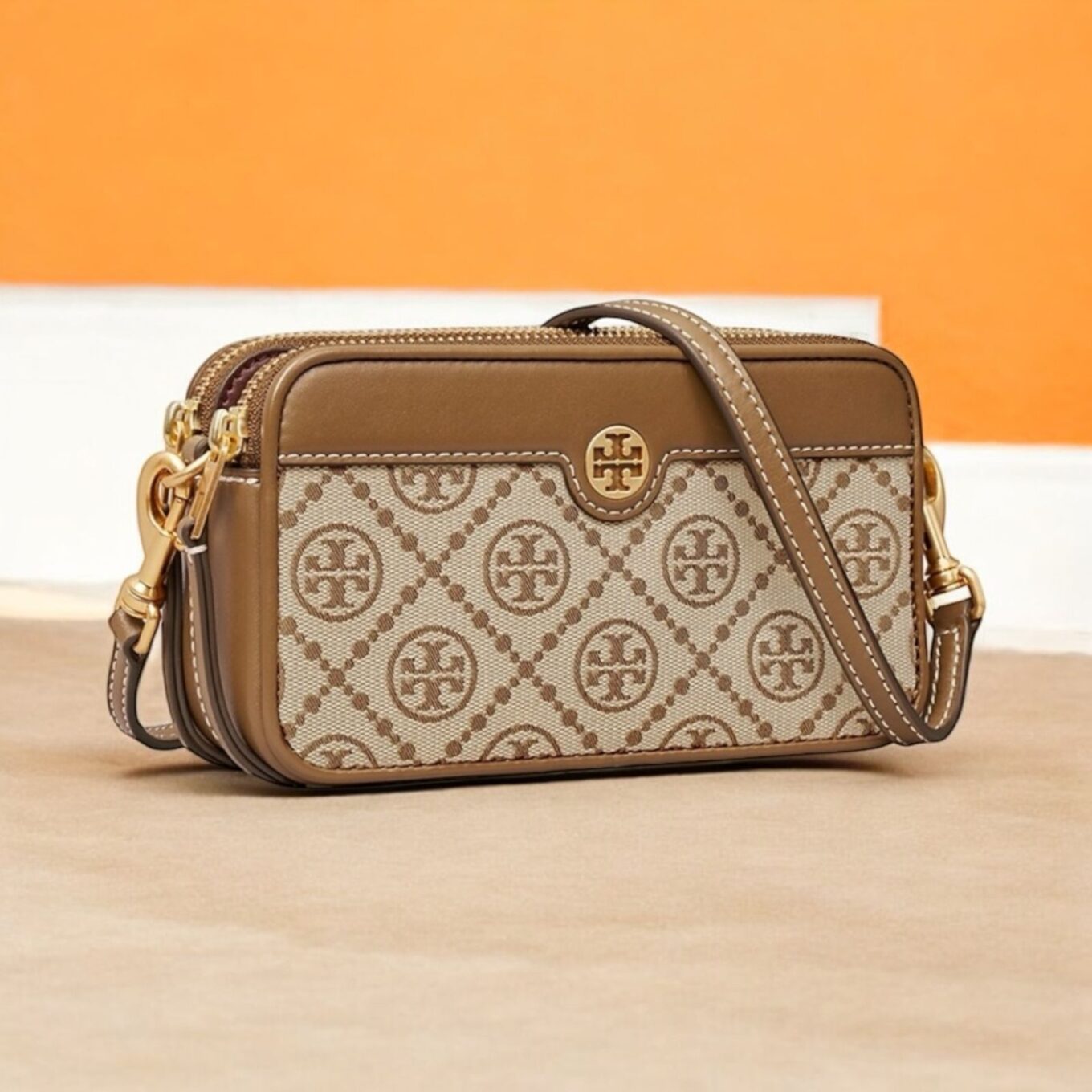 Tory Burch Khaki Jacquard Dual Zip Mini Sling Bag (With Box)