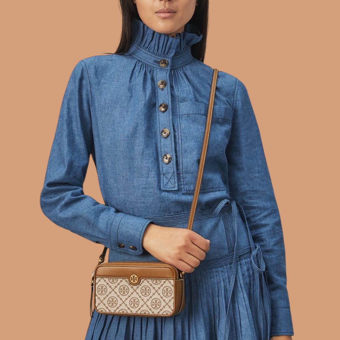 Tory Burch Khaki Jacquard Dual Zip Mini Sling Bag (With Box)