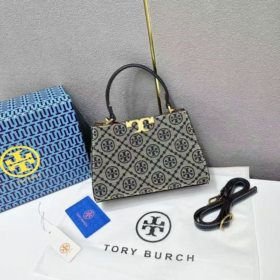 Tory Burch T Monogram Spazzolato Blue Small Handbag  (With Box)