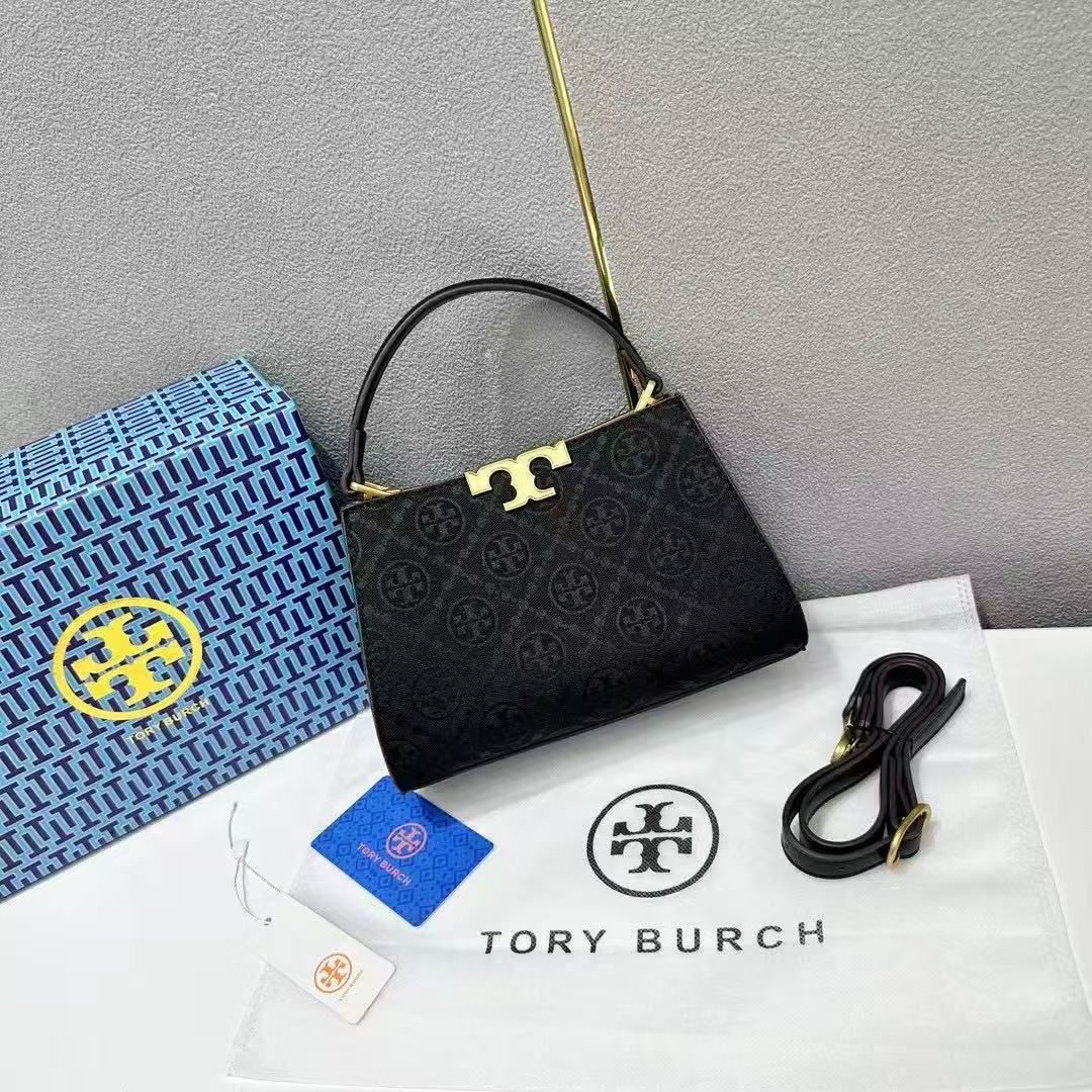 Tory Burch T Monogram Spazzolato Black Small Handbag (With Box)