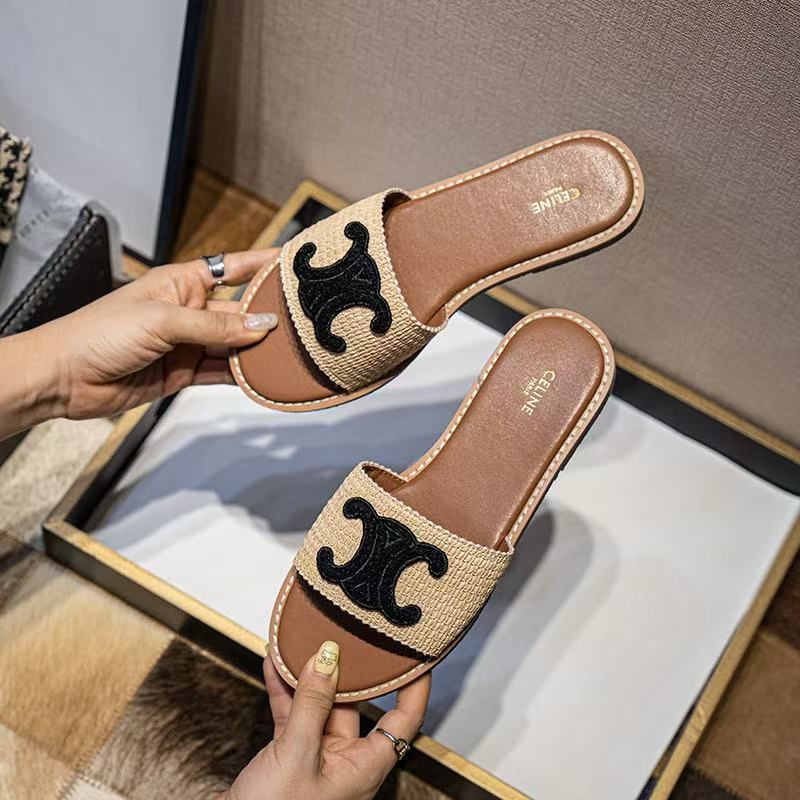 Celine Triomphe Black Brown Flat Slipper