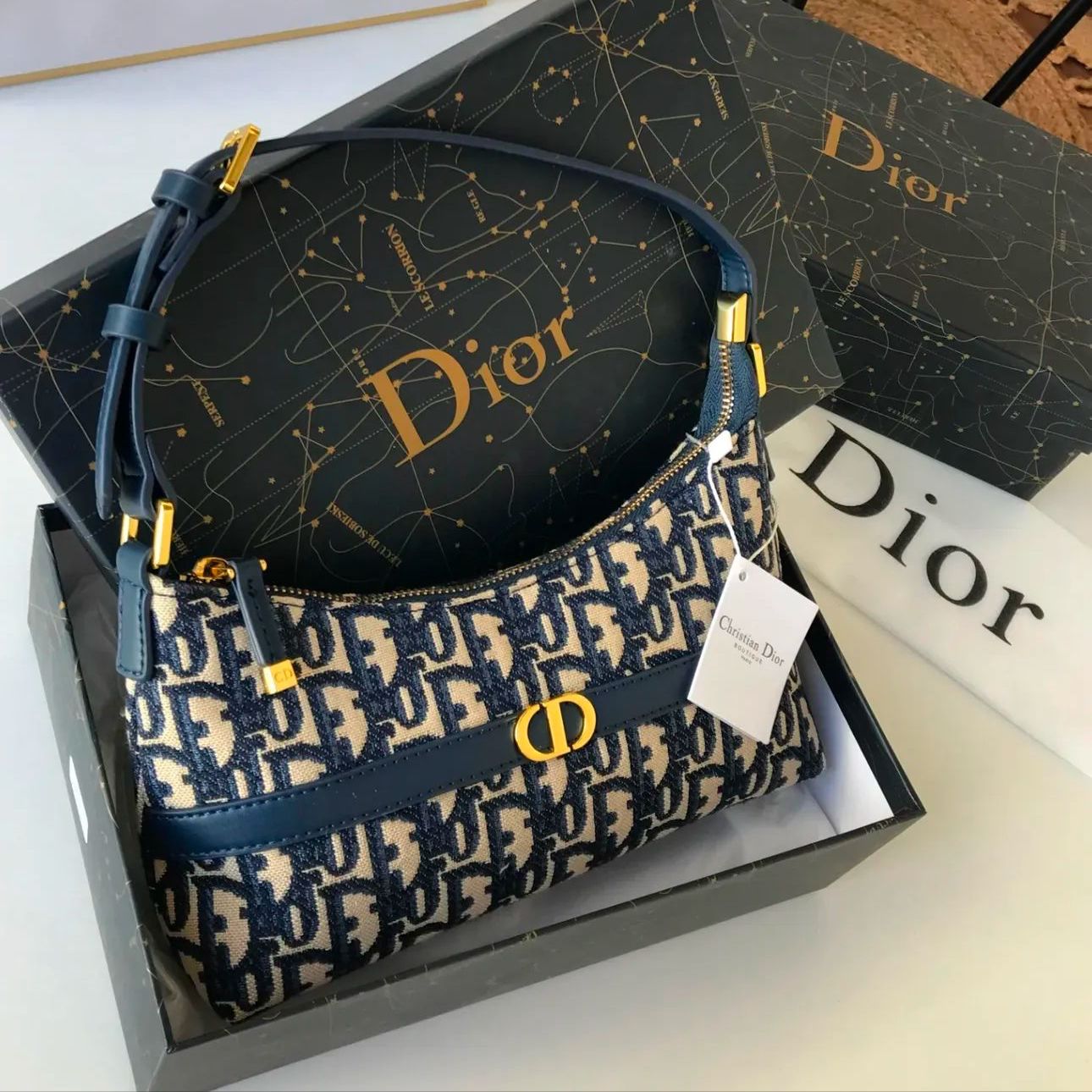 Dior 30 Montaigne Blue Color Small Hobo Shoulder Bag (With Box)